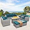 Waroom patio furniture set gray rattan 7 pieces outdoor sectional sofa pe wicker conversation chairs with propane fire pit table and non slip thick peacock blue cushion  urban country home decor