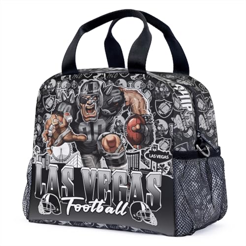WTKBLAN Football Gifts for Las Vegas Fans Football Lunch Bag Insulated Lunch Boxes for Fans Silver and Black Sport Football Style Reusable Lunch Tote Bags for Work Travel