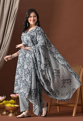 Image of Amazon Brand - Tavasya Women Cotton Anarkali Kurta Pant Dupatta Set | Printed Ethnic Suit Set | Flared Anarkali Kurta with Pant & Dupatta | Festive & Casual Wear
