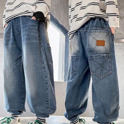 Boys Ripped Jeans Baggy Straight Leg Denim Pants Kids Elastic Waist Trousers Trendy Preppy Y2k Streetwear with Pockets4