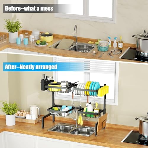 Image of Allkartz 4 Baskets - 2 Tier Over The Sink Dish Drying Rack Adjustable Kitchen Organizer Rack, Kitchen Rack Stand with Dish Drainer, Utensil Holder, Knife Holder, Cup Holder & Cutting Board Stand
