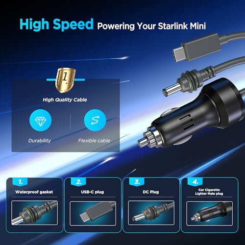 Image of Hugener 3 in 1 Starlink Mini Cable 10FT / 3M, High-Speed USB C /Car Charger /DC to DC Replacement Cable for Starlink Mini Power, Waterproof Extension Power Cable Accessories