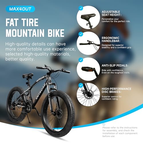 26′ Fat Tire Mountain Bike with 4 inch Knobby Tires, 21
