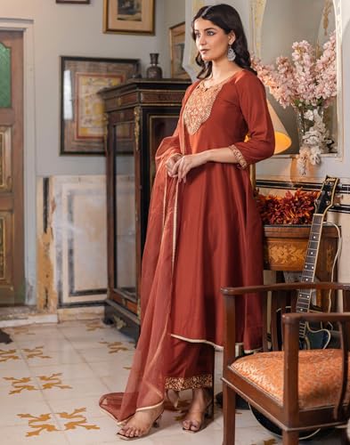 Image of SIRIL Women's Rayon Viscose Embroidered Anarkali Kurta with Pant & Dupatta, Anarkali Suit for Women