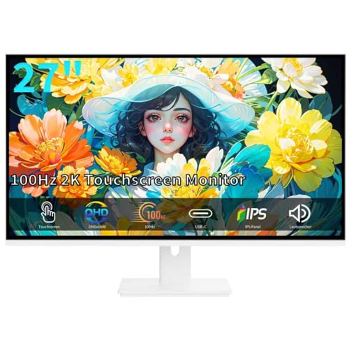 ZFTVNIE 27 Zoll Touchscreen Monitor, 2K Gaming Monitor IPS 10-Punkt Touch PC Display, HDMI VGA USBC QHD 2560 x 1440 Computermonitor, 100Hz, Integrierte Lautsprecher, Weiß