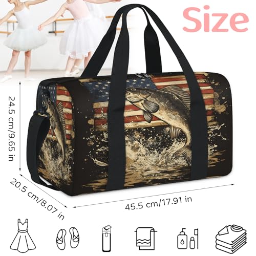 Gym Bag for Women Men, Bass Fish Independence Day Flag Travel Duffle Tote Bag, Waterproof Sports Tote Bags, Large Overnight Weekender Bags for Yoga Dance2