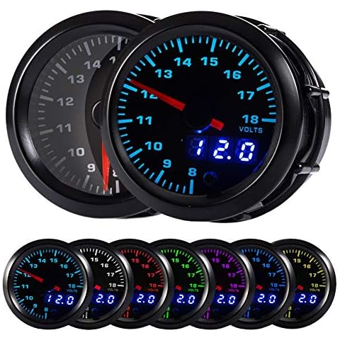 HOTSYSTEM 7 Color Voltmeter Volt Gauge Kit 8 to 18 Volt Pointer & LED Digital Readouts 2-1/16" 52mm Black Dial for Car Truck Cover
