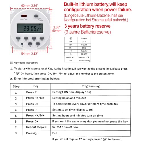 Heschen CN101A 12V DC 16A Zeitschaltuhr mit digitalem LCD-Display, mit wasserdichter Abdeckung, Weiß
