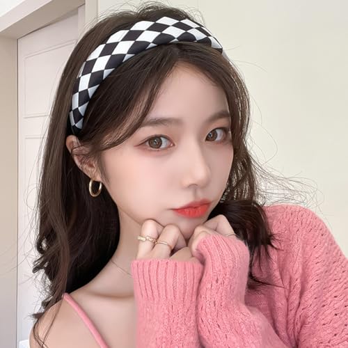 Capiant 2 Pack Checkerboard Headbands Black And White Headbands Checkered Padded Headband Sponge Puffy Headband thumb #3