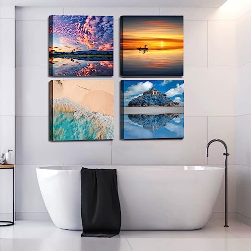 Image of Beach Canvas Wall Art Decor for Bathroom Decor, Ocean Waves Artwork Colorful Nature Landscape Framed Pictures Prints for Bedroom Living Room Office Decoration 12 inchx12 inchx4 panel