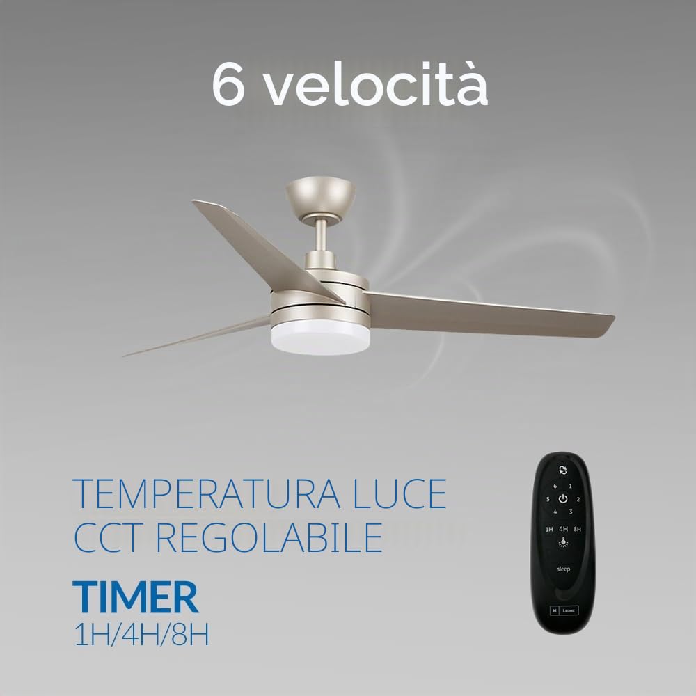 M mimotec - Ventilatore a soffitto con luce LED Grigio Curve, telecomando, motore DC 40W+Luce LED 18W, 6 velocità, Silenzioso,3 Pale, 132 cm, funzione estate-inverno, timer. LM8814