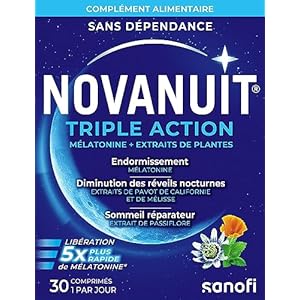 NOVANUIT TRIPLE ACTION – Complément Alimentaire – Sommeil – 30 comprimés – Endormissement – Réveils nocturnes – Sommeil réparateur