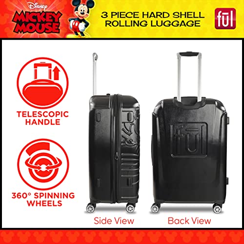 FUL Disney Mickey Mouse Rolling Luggage, Molded Hardshell Suitcase with Wheels, Black, 3 Piece Set3