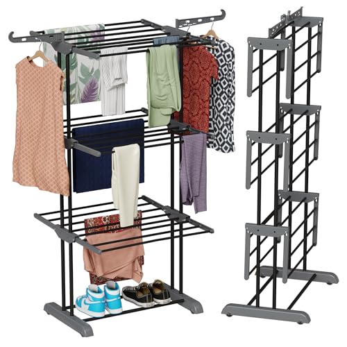TEX-RO Clothes Drying Stand for Balcony/Cloth Dryer Stand/Cloth Stand for Drying Clothes Foldable/MS Pipe Clothes Hanging Stand/Portable Cloth Rack for Indoor (3 Layer, Grey and Black)