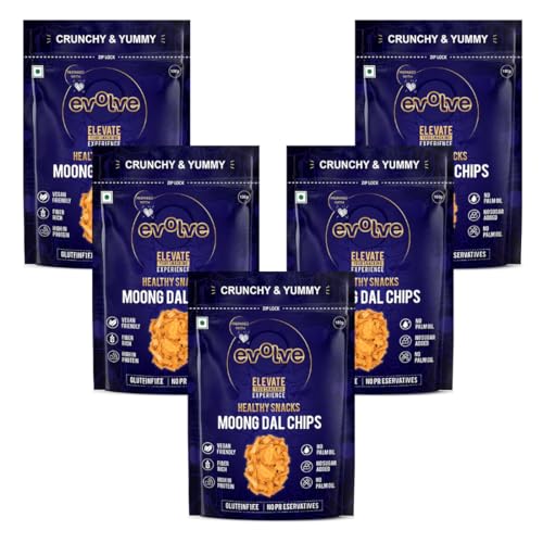 Image of Evolve Moong Dal Chips Healthy Snacks | Roasted, Gluten Free Snacks, No Palm Oil & Artifical colors, Moong Dal Snack, Peri Peri Flavor - 100gm Pack of 5