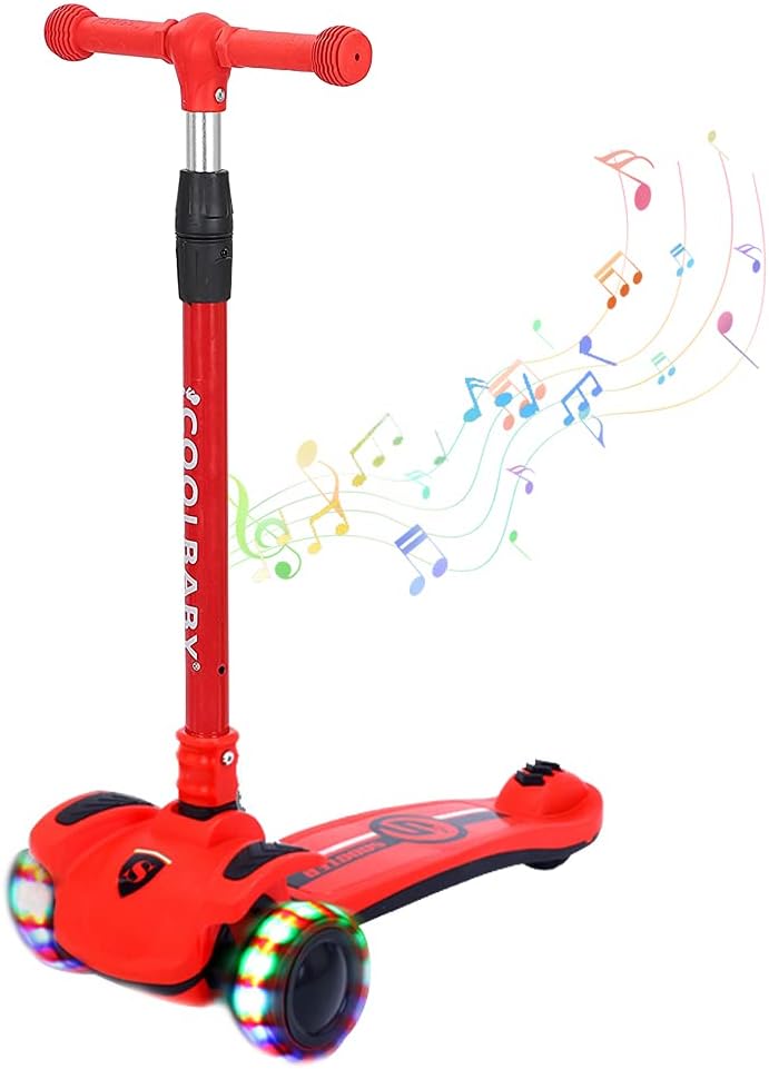 COOLBABY Kid's Scooter 3 Wheels Big Pedal Foldable Kick Scooter With Music, Height Adjustable With Led Light Wheels, Red