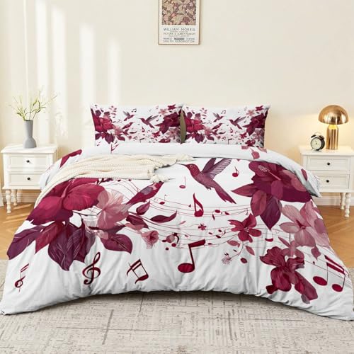 Funda Nordica Cama 105, Vino Tinto Reversible con Acuarela Flores Pájaros Notas Musicales Suave Microfibra Juego de Funda Edredon 200 x 200 cm con Cremallera - y 2 Fundas de Almohada 50x75 cm