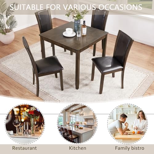 Image of KEIKI 5-Piece Standard Height Dining Table Set with Square Table, 4 Upholstered Chair, for 4 Person, Farmhouse Rustic Style Table Set, Easy Assembly, for Kitchen, Dining Room, Dark Walnut