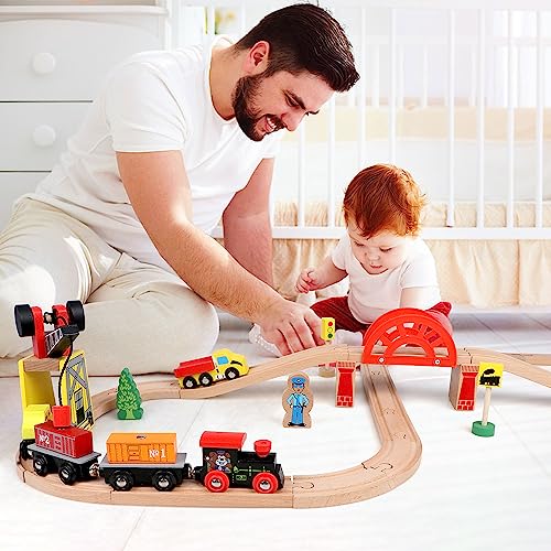 Qilay 39 Pcs Wooden Train Tracks With Crane, Bridge & 5 Wooden Trains - Train Toys For 3,4,5 Year Old Boys & Girls - Fit All Major Bands Train Tracks Set thumb #3