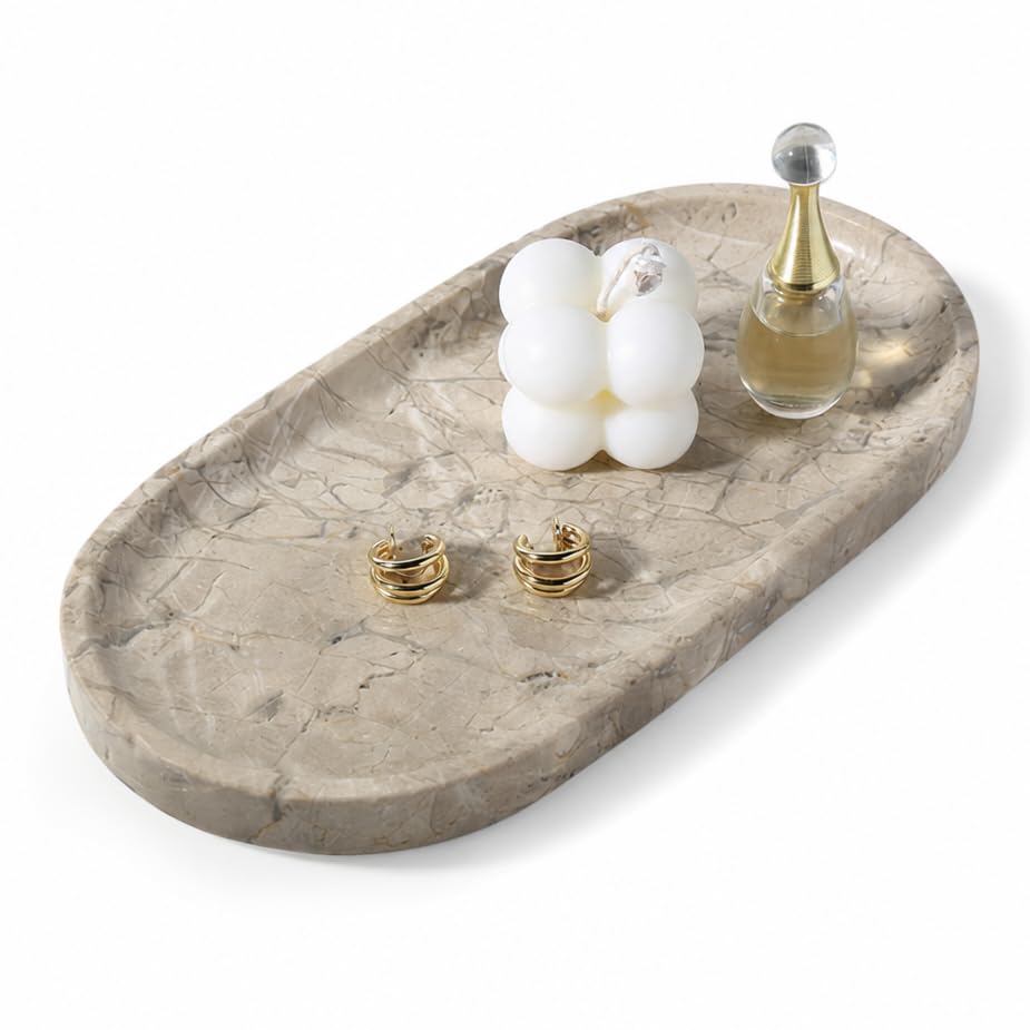 Image of Koville Natural Silver Pearl Marble Decorative Tray, 10 inch x 5 inch Marble Vanity Tray for Bathroom Countertop Organizer Stone Trays, Catchall Tray Stone Plate for Perfume, Candles, Jewelry