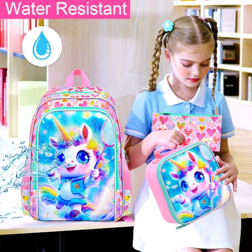 Image of 16 inch Unicorn Backpack, 3Pcs Girls School Bookbag Set with Lunch Box,Kids Backpacks for Elementary Preschool Kindergarten (Pink)
