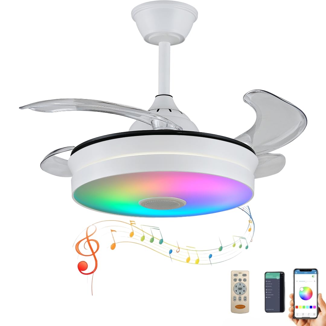 Ventilador de Techo con Luz LED - Ventilador con Aspas Retráctiles y RGB - Lámpara Ventilador Silencioso y Moderno con Bluetooth, Mando a Distancia y APP para Dormitorio y Sala de Estar (S - Normal)