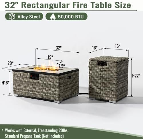 32" Propane Gas Fire Pit Table with Propane Tank Cover 2-Pieces, 50000 BTU Rectangular Steel Fire Pit with Beautiful Wicker Base for Outside Garden-Beige