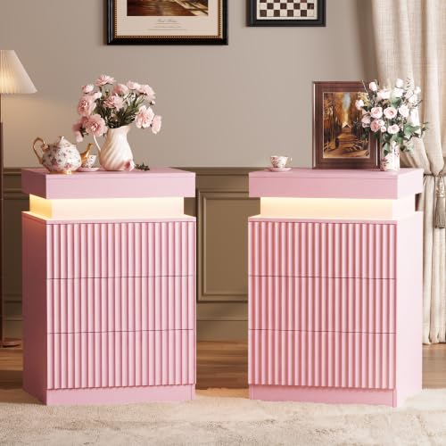 Image of Nightstand Set of 2 with Charging Station and RGB Lights, Pink | RGB Lights, 3-Drawer Storage, Hidden Slide Top, Mid Century Modern, Fluted Design, Bedside & End Table, Set of 2 for Bedroom