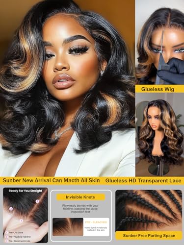 Image of Sunber Bye Bye Knots 7x5 Lace Black with Caramel Blonde Highlights Body Wave Glueless Wigs Pre Everything Pre Cut 7x5 Lace Front Pre Plucked Pre Bleached Knots 150% Density 26Inch Put On and Go Wig