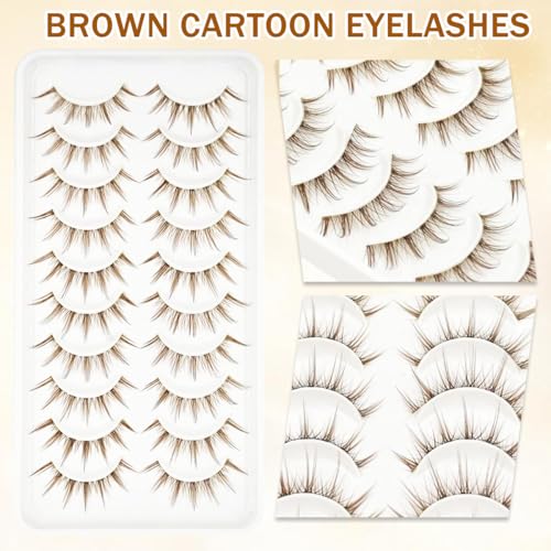 Image of MAYCREATE 10 Pairs Brown Lashes Natural Light Brown False Eyelashes Clear Band Faux 3D Mink False Eyelashes Natural Looking Fluffy Cat Eye Wispy Strip Lashes