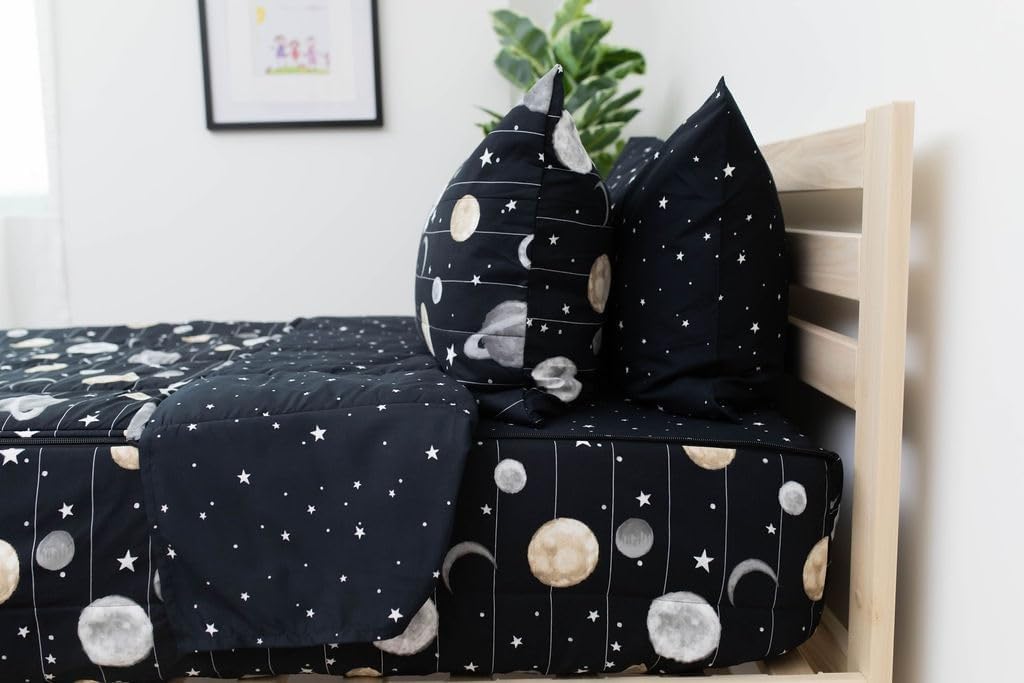 - Space Theme Durable Zipper Bedding for Kids, Bed in a Bag, Black Sheets and Universe Galaxy Comforter with Stars & Solar System, Includes Pillowcase and Sham, Easy to Make and Wash