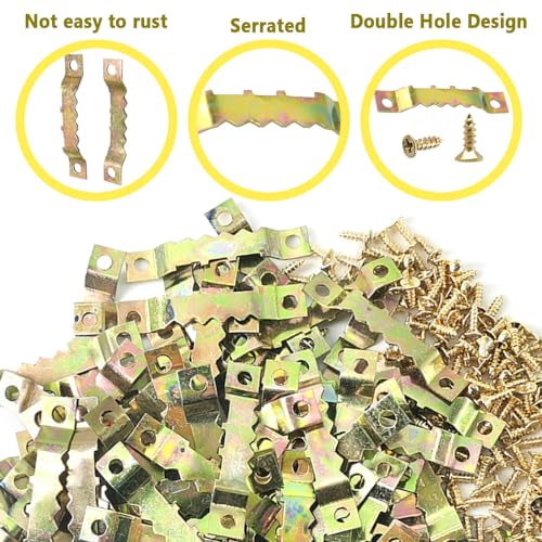 Image of 100 Pcs Sawtooth Hangers Picture Hanging Kit 1.77in Sawtooth Picture Hangers Picture Hooks with Screws Picture Frame Hangers for Photos Artwork Clock (Colored Gold /XK-JC)