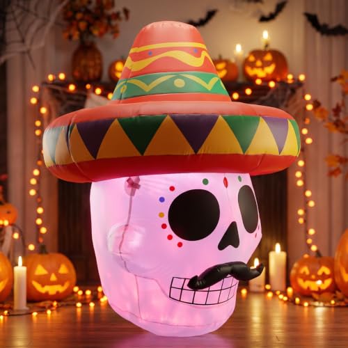 4.5FT Halloween Inflatable Day of the Dead Sugar Skull Sombrero with LEDS - image 5