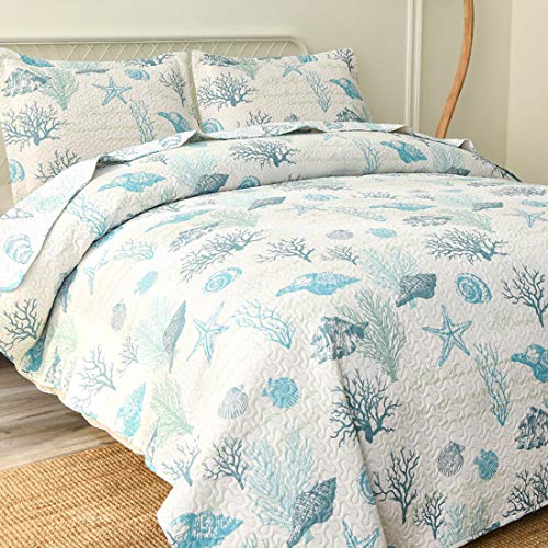 Oliven Reversible Coastal Beach Theme Quilt Set Queen/Full Size Ocean Coral Bedding Seaweed Bedspread Ocean Life Blue Green White Shell Starfish Coverlet Summer Lightweight Beach Daybed Sets thumb #2