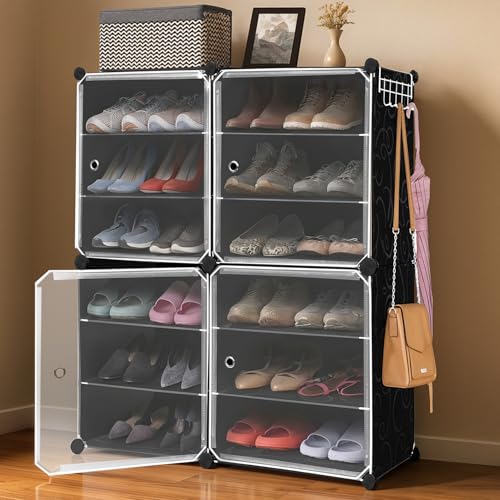 Image of ABOUT SPACE Plastic Shoe Rack Organizer-12 Layer Shoe Stand with Hanger&Door for Home-DIY 24 Pair Portable,Expandable 4 Cube Shoe for Boots,Heels,Slipper for Women,Men,Outdoor (Black)