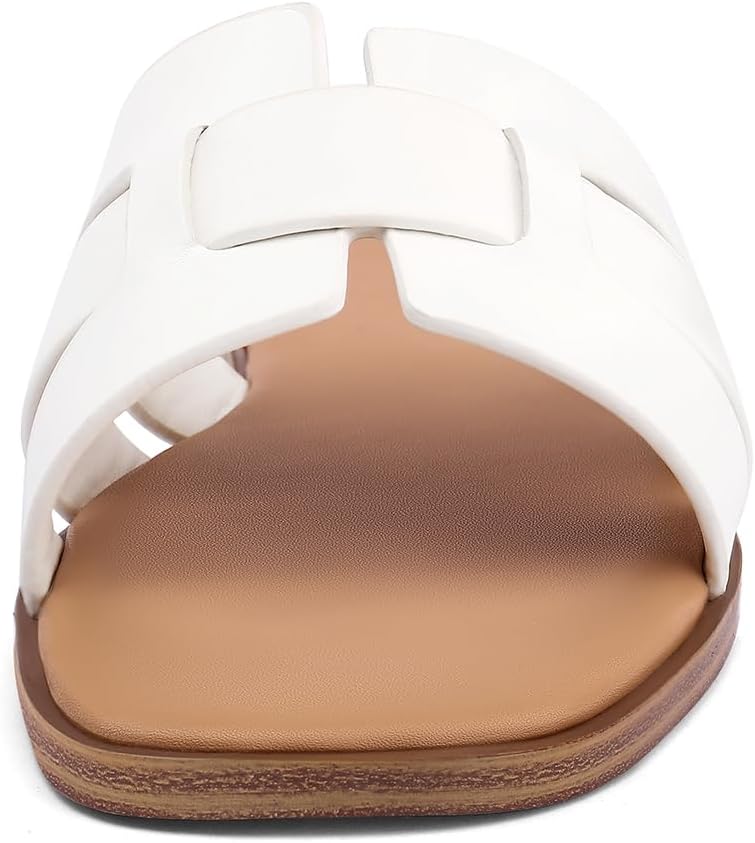 Lookyno Flat Sandals for Women 2025 Dressy Summer Leather Slides with Square Open Toe, White, 6.5 - Image 3