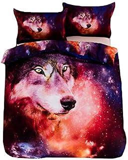 Meliya 3PCs Duvet Quilt Cover & Pillowcase 3D Galaxy Wolf Design Soft Bedding Set Double Size(200x230cm)