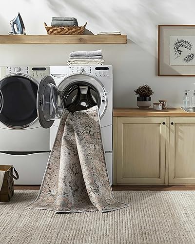 Image of Kemer Collection Machine Washable Area Rug for Living Room Bedroom - Vintage Distressed Faded - Traditional Boho Bohemian Farmhouse Bordered Carpet - Pet Friendly-Brown,Burnt Orange,Beige - 8'10 inchx12'