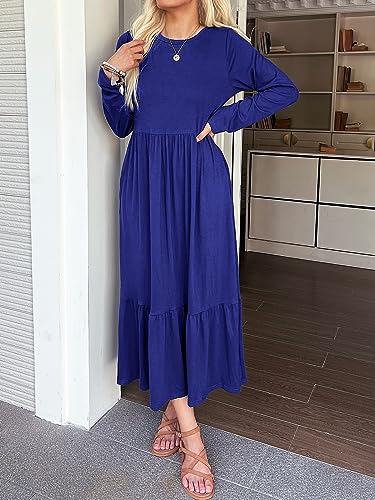 Image of Mieazom Women's Long Sleeves Maxi Dress Casual Loose Tiered Flowy Swing Beach Long Dresses with Pockets