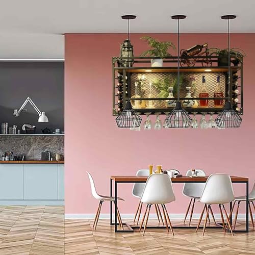 Vintage-Weinregal, 100 cm, Gitterstruktur, Präsentationsregal für den Einzelhandel, LED-Beleuchtung, Wand- oder Standmontage, Glashalter für Zuhause und Gastronomie, 2-stöckiges De