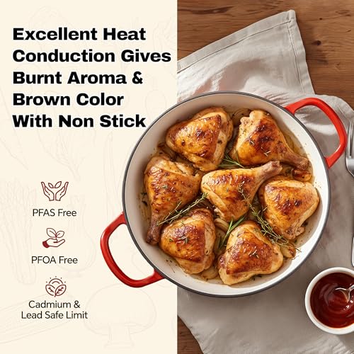 3 Quart Enameled Cast Iron Braiser, Non Stick Enameled Cast Iron Skillet with Lid, Dutch Oven Skillet with lid up to 500°F for Oven, Stove, Grill, Shallow Dutch Oven for Cook, Bake (Red)2