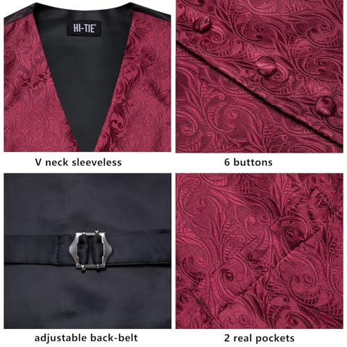 Hi-Tie Silk Mens Suit Vests and Tie Set Lapel Pin Gold Tie Clip Paisley Floral Casual Waistcoat Tuxedo Wedding Party Business3