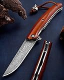 Omesio Damast Klappmesser Taschenmesser Damast, Damast Einhandmesser -inkl. Schwarzer Geschenkbox, Damastmesser Japanisches Damaststahl Taschenmesser Damast, Hochwertig& Handgemacht, Holzgriff