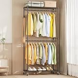 AZAKBL ハンガーラック 頑丈 洋服ラック 大容量 キャスター付き 棚付き 耐荷重180kg クローゼット ワードローブ ハンガーラック２段 洋服掛け 防サビ加工 組み立て簡単 高さ調節 省スペース おしゃれ ハンガーかけ コートハンガー 洋服収納 (ブラック, 90*35.5*184cm)