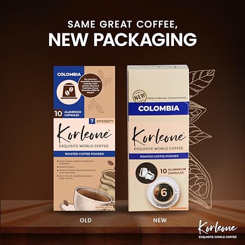 Image of KORLEONE Colombia Aluminium Nespresso Compatible Coffee Pods 20 Capsules (Pack of 2) Intensity - 6 | Single Origin Medium Roast Level 210 Grams