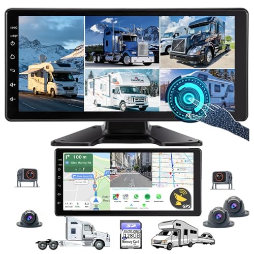 Image of 5-Channel GPS Navigation Touchable Screen Car Stereo with Carplay 128GB Large 1080P Image 10.36 Inch Monitor Backup Camera Built-in DVR for RV Truck Trailer Rear Side Front View Wired System