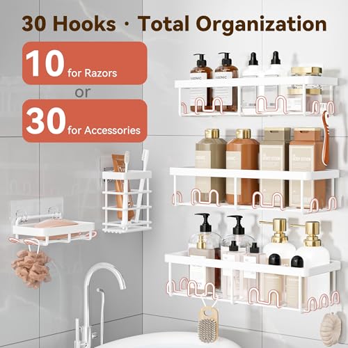 Image of YASONIC Shower Caddy Adhesive, 100% Rustproof Shower Organizer with Soap and Toothbrush Holder, Large Capacity Shower Shelves for Inside Shower, No Drill Shower Storage for Home (5 Pack White)