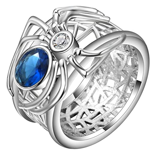 Cubic Zirconia Ring Band, Vintage Wedding Ring Silver Blue Hollow Spider Elegant Jewelry Sister Gifts for Women