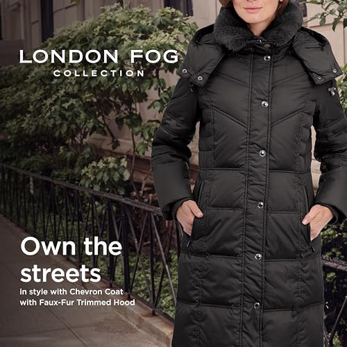 London Fog Women's Chevron Coat with Faux Fur Trimmed Hood, Black, Small