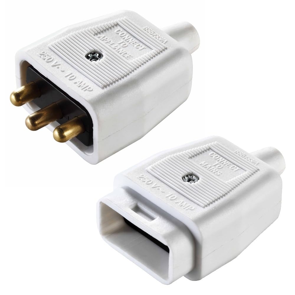 LEDANGEL Inline Plug Socket Connector Set 2-Pin & 3-Pin Male & Female Rewireable Plugs 250V 10A Screw Terminal with Snap-Lock & Gold-Plated Pins Black/White/Orange (3 PIN WHITE)